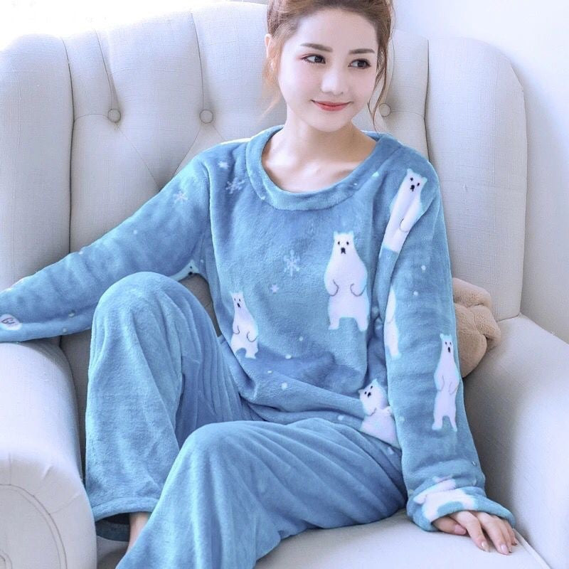 Winter Flannel Long Sleeve Thicken Plus Fleece Homewear Pajamas for Women