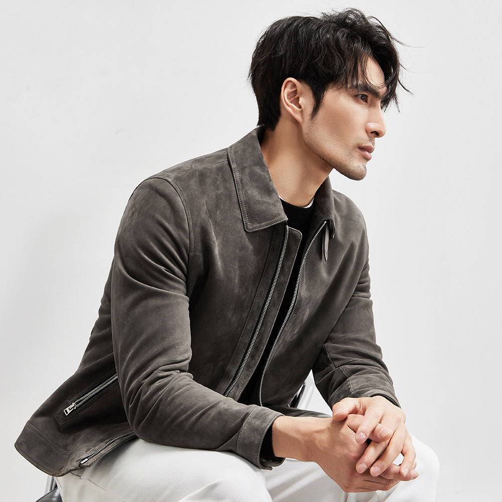 Luxury Suede Genuine Leather Clothes Men's Imported Lambskin Suede Lapel Biker's Leather Jacket