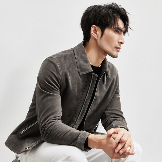 Luxury Suede Genuine Leather Clothes Men's Imported Lambskin Suede Lapel Biker's Leather Jacket