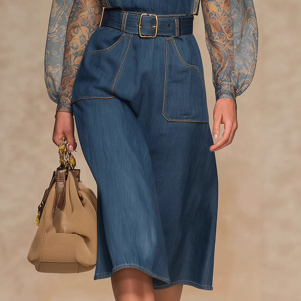 Combinaison en jean bleue taille haute et coupe ample pour femme avec grandes poches