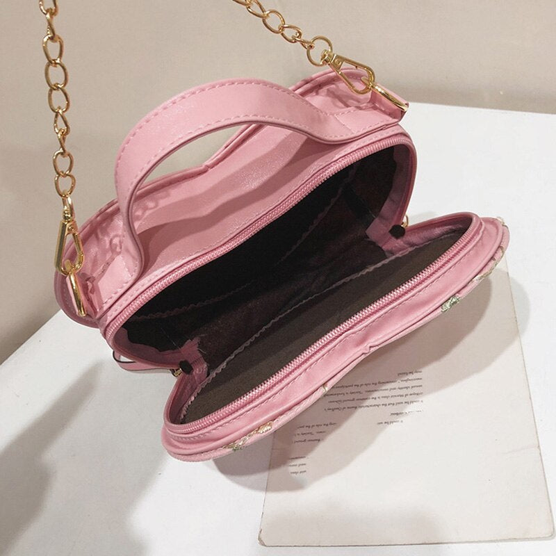 Peach Lace Heart Lock Shoulder Bag for Women 32x23x13cm