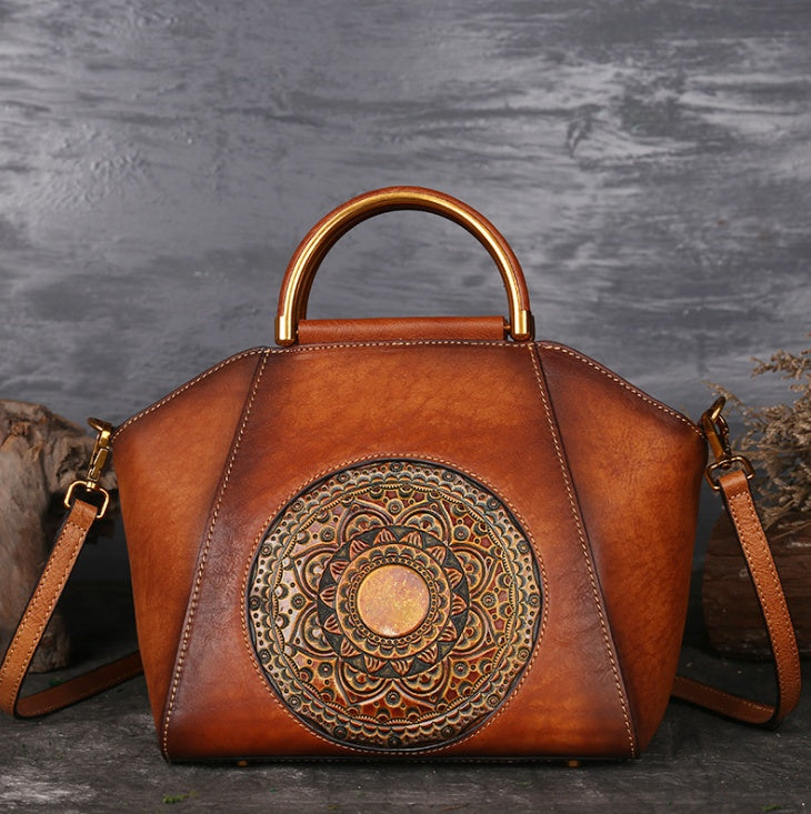 Sac fourre-tout en cuir véritable gaufré avec poignée supérieure motif totem rétro taille moyenne