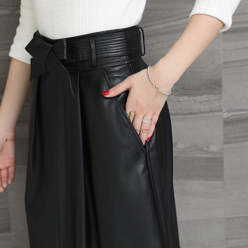 Jupe mi-longue en cuir véritable de mouton pour femme - collection printemps
