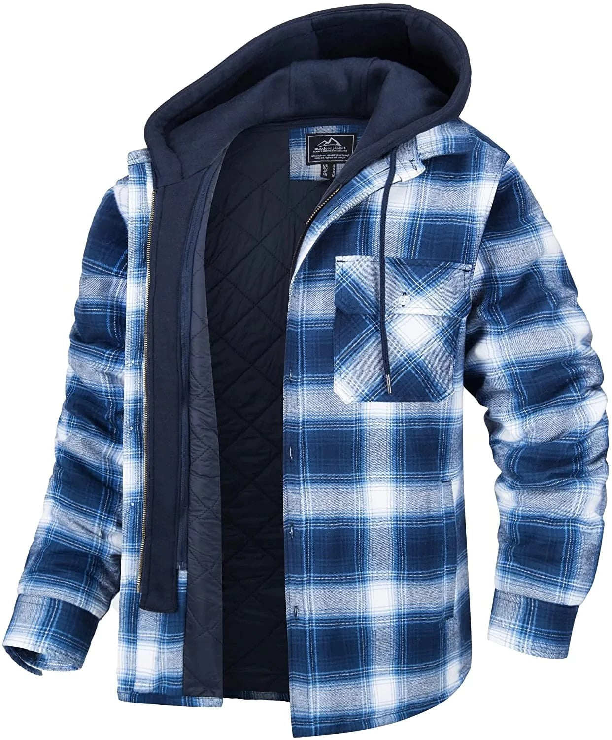 Men's Plaid Hooded Winter Coat Thick Padded Button Zip-Up Jacket Casual Outerwear
