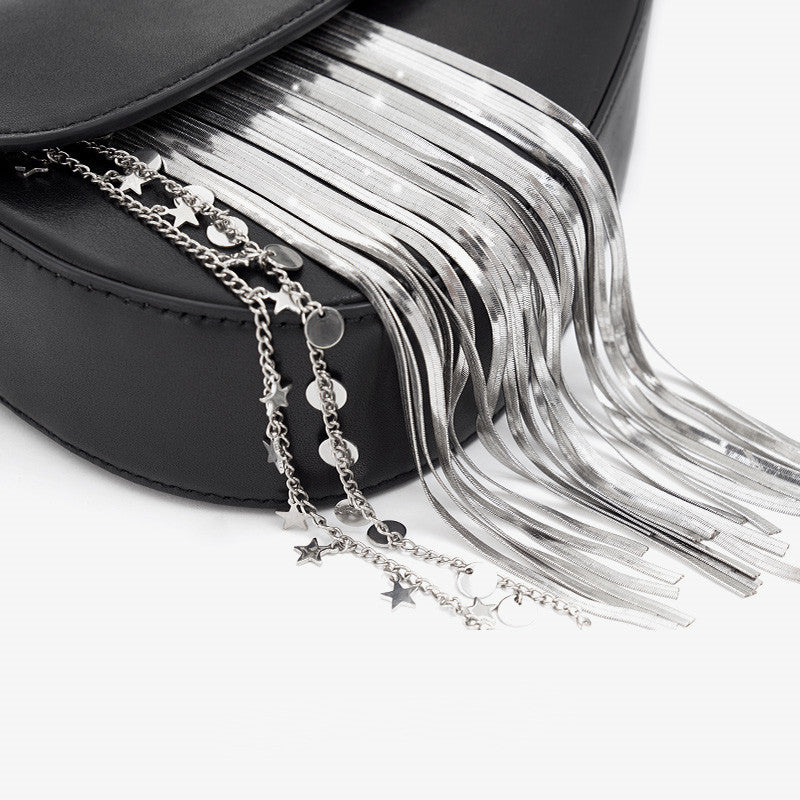 Cowhide Tassel Crossbody Bag with Magnetic Closure in Black