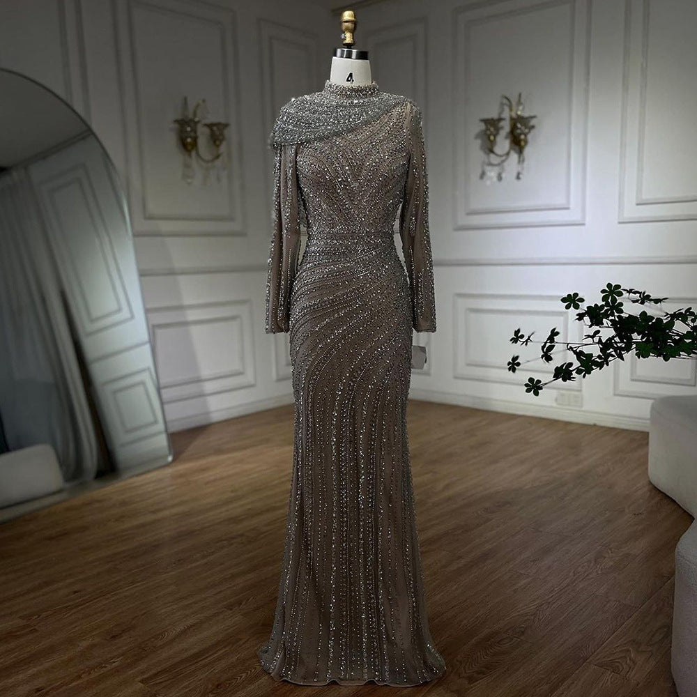 Premium Silver Nude Fishtail Slim Beaded Women’s Dress