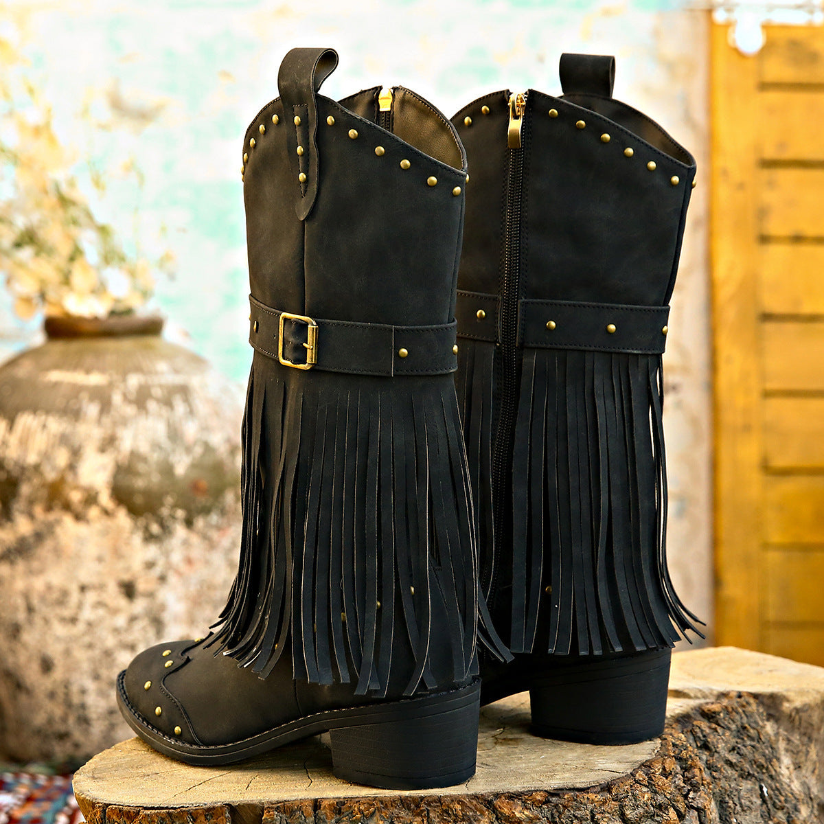 Retro Mid-Calf Women’s Winter Boots with Tassel, Rivet Strap, Buckle & Square Heel