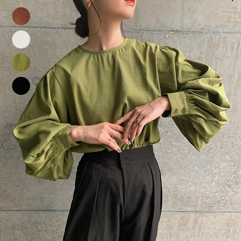 Women's Autumn Cotton Crew Neck Lantern Sleeve Shirt