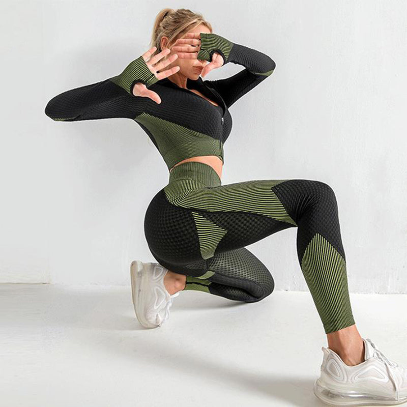 3PCS Seamless Yoga Set for Women – Gym Leggings, Crop Top & Sports Bra Fitness Tracksuit
