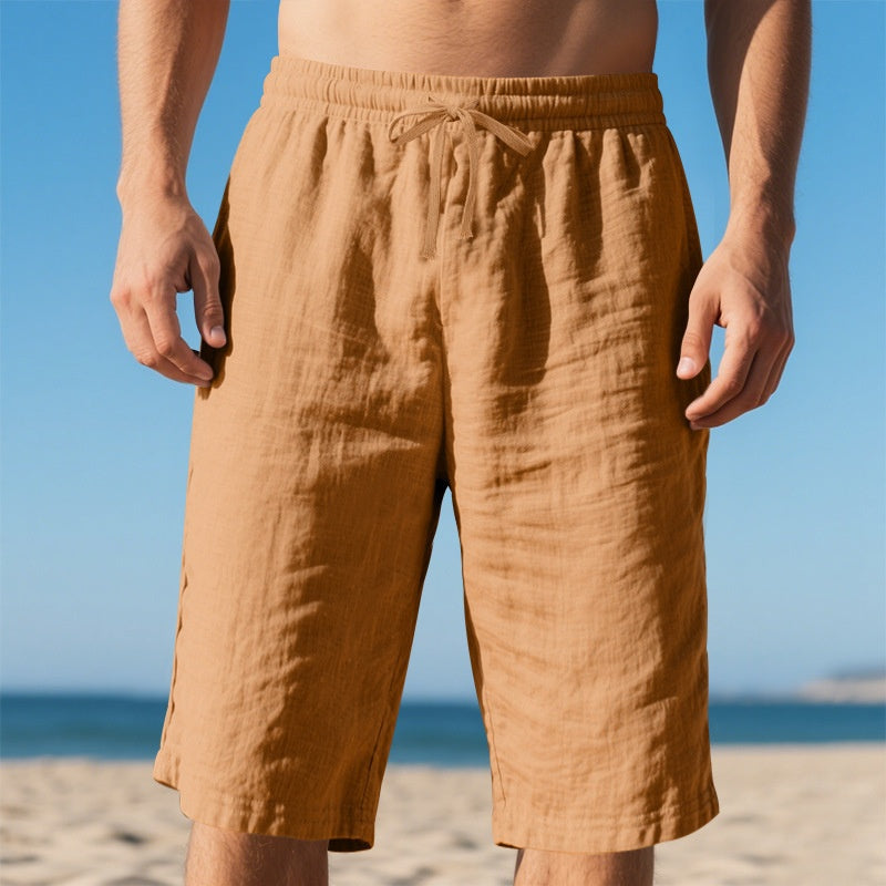 New Linen Drawstring Elastic Waist 34 Casual Shorts Men