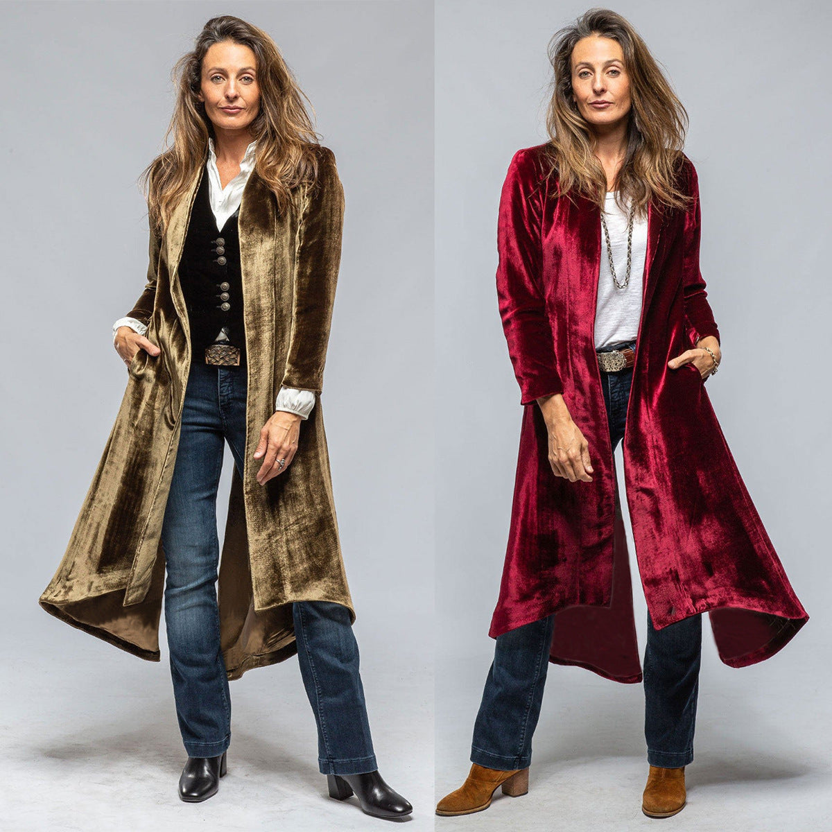 Women's Velvet Long Cardigan Solid Color Retro Split Trench Coat Loose Overcoat
