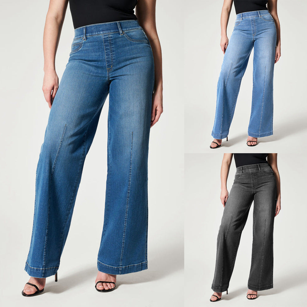Jeans femme taille mi-haute jambe droite large avec taille haute élastique