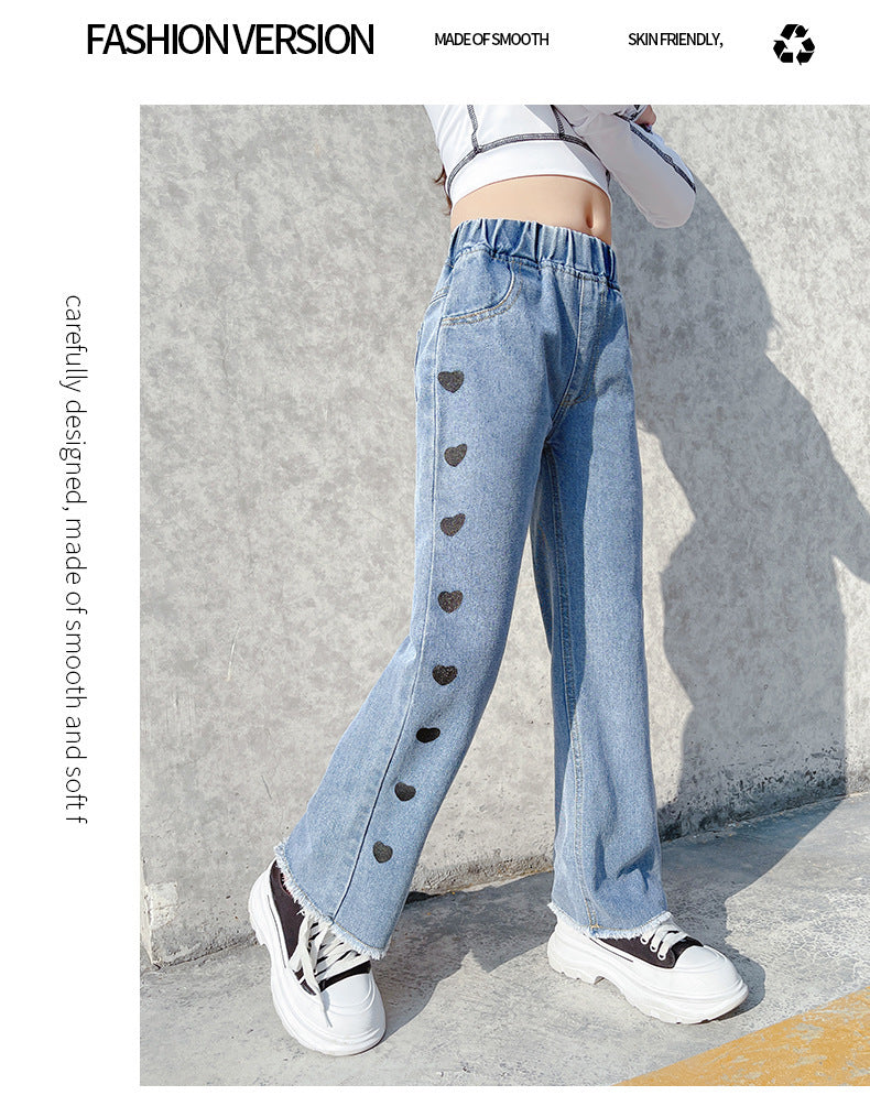 Girls Light Blue Denim Wide Leg Casual Pants