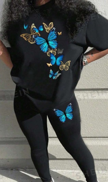 Slayr Fashionable Women's Butterfly Printed Round Neck Short Sleeve Shirt And Long Pants Casual Set