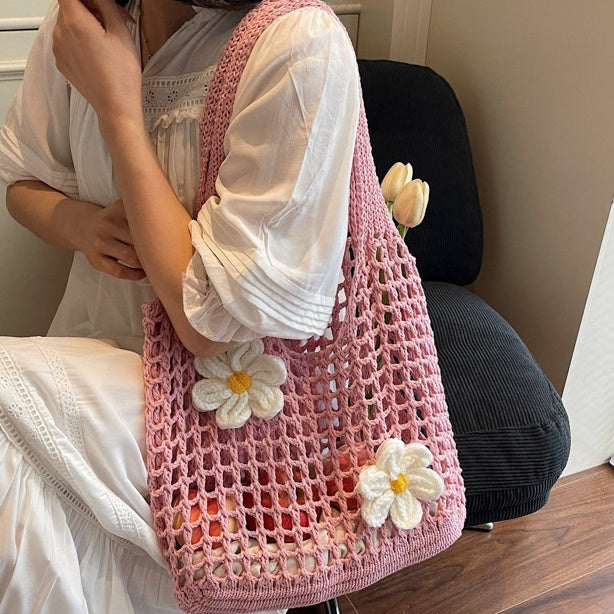 Knitted Handbag Woven Mesh Hollow Out Flower Large Capacity Versatile Shoulder Bag
