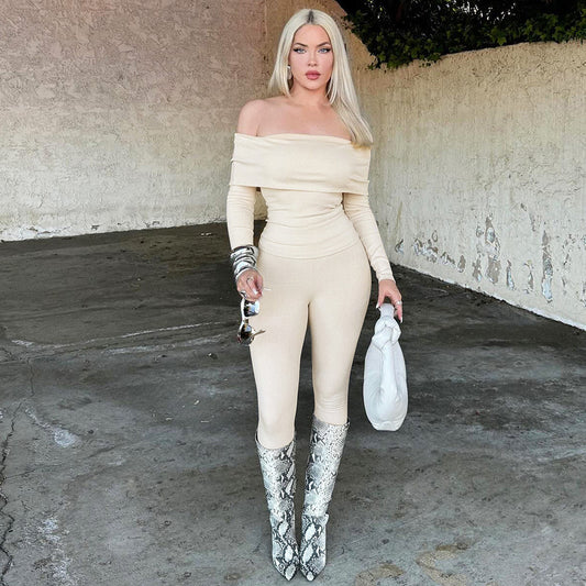 Rib Long Sleeve Off-shoulder Slim Trousers Two-piece Set