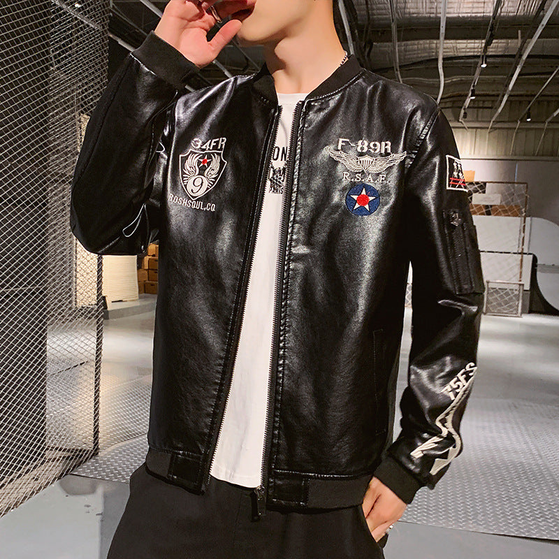 Men's Embroidered PU Leather Motorcycle Jacket with Standing Collar