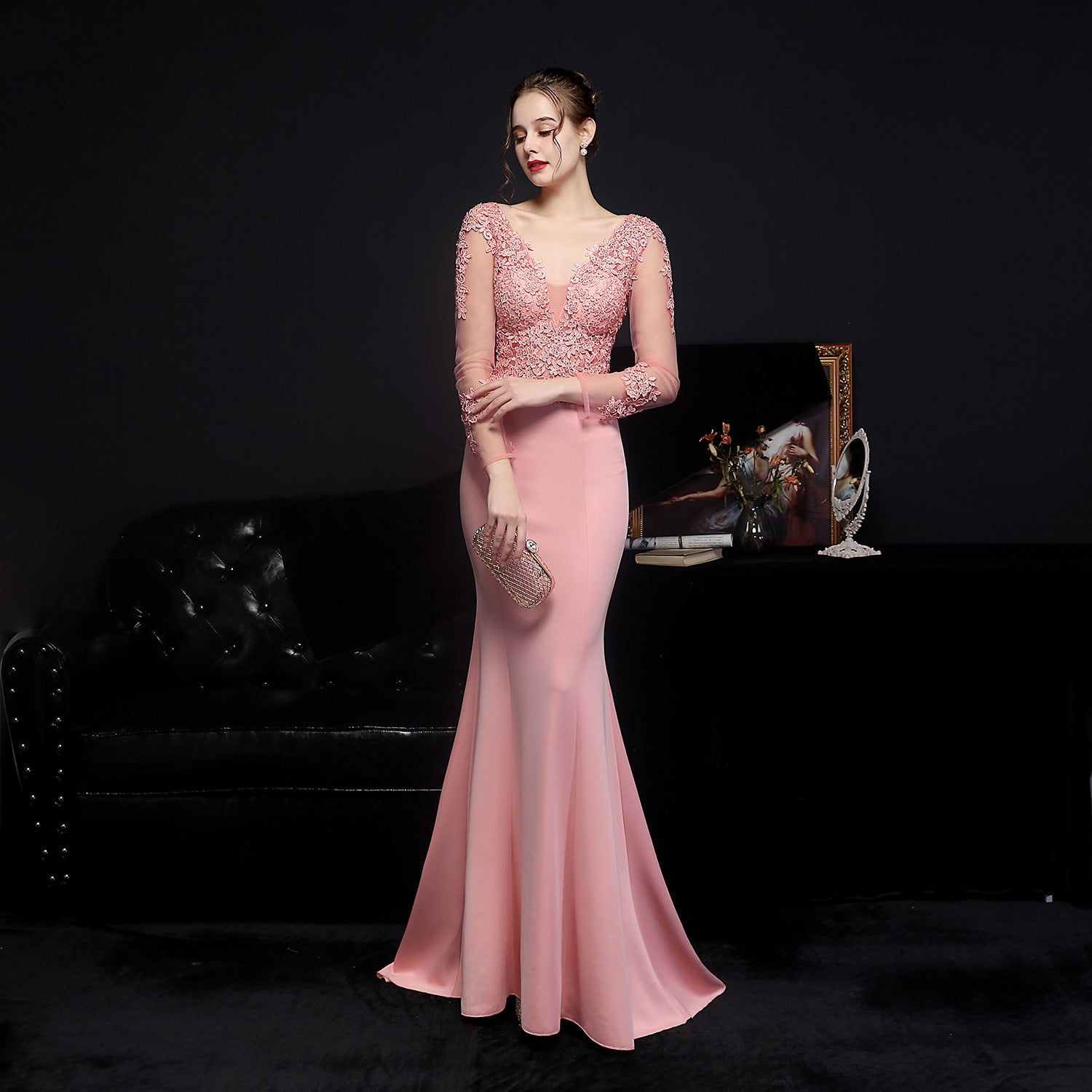 Women's High Waist Lace Diamond Toast Dress Long Sleeve