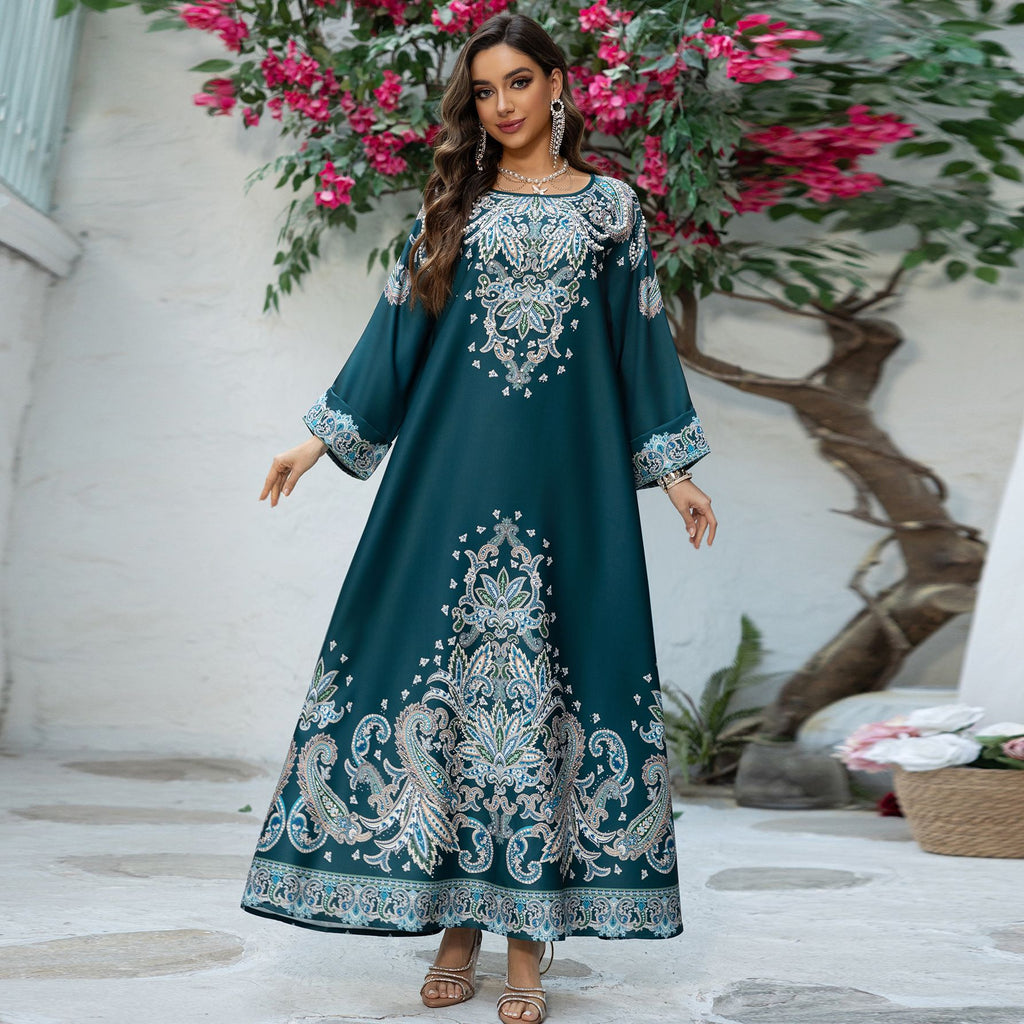 Dubai Printed Muslim Women's Long Sleeve Dress Polyester