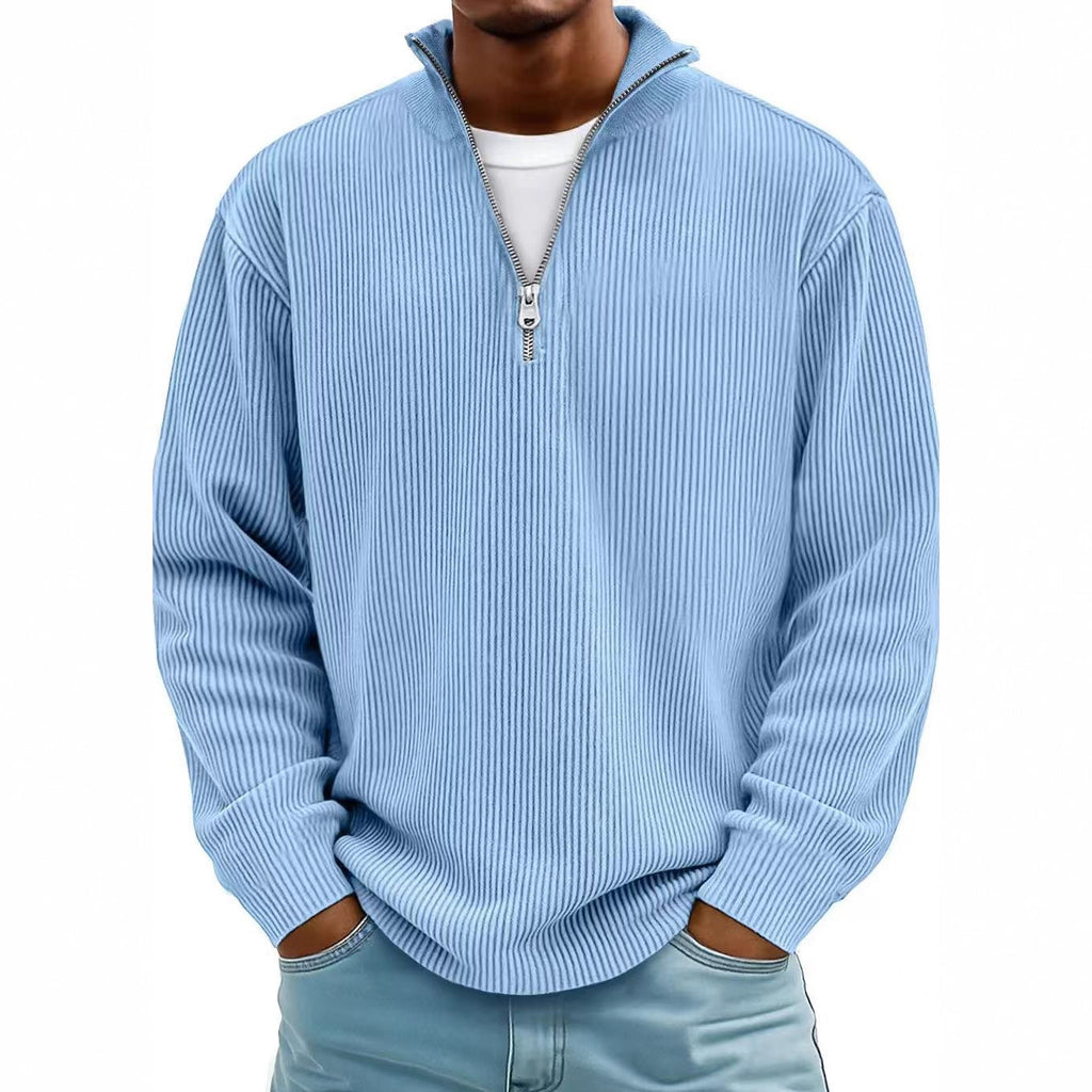 Casual Ribbed Stand Collar Corduroy Zipper Long Sleeve Pullover