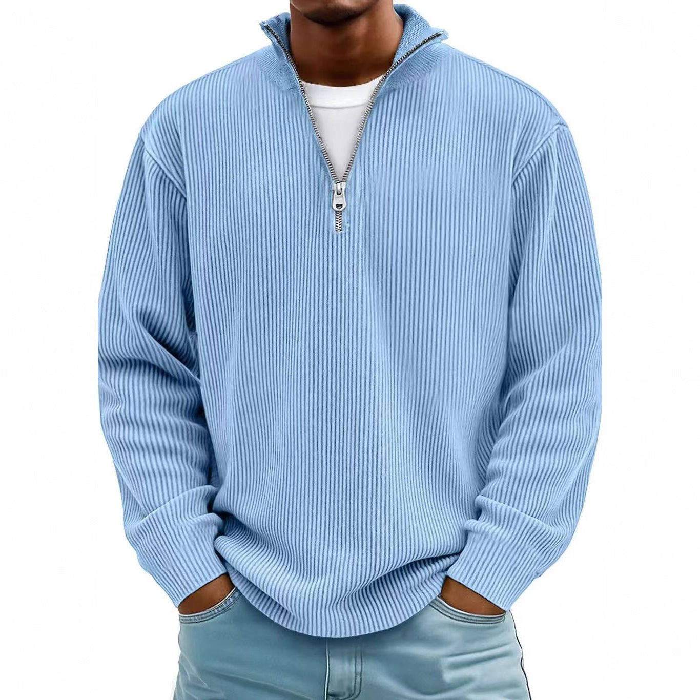 Casual Ribbed Stand Collar Corduroy Zipper Long Sleeve Pullover