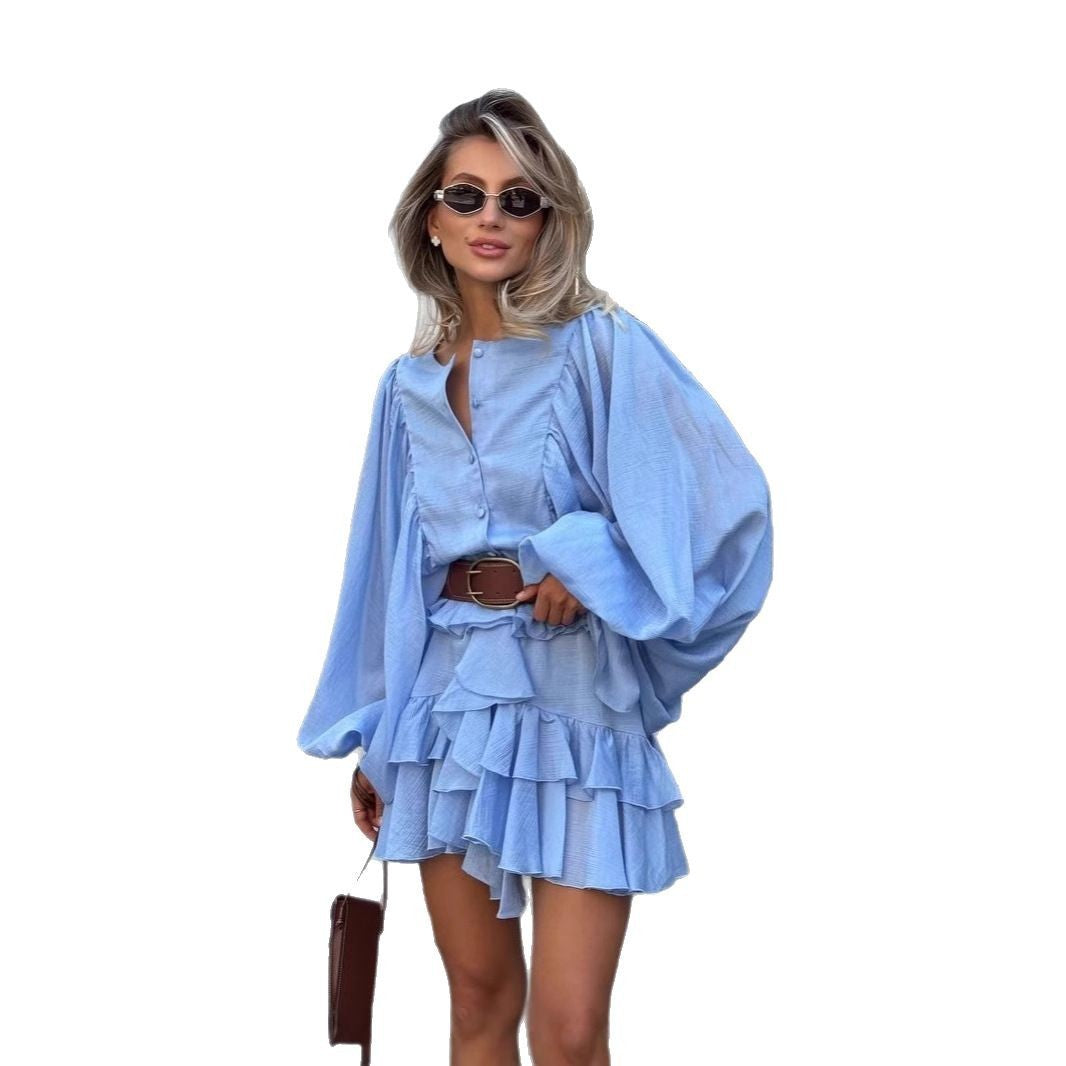 Simple Casual Style Solid Color Cascading Ruffles Lantern Long Sleeve Dress Women