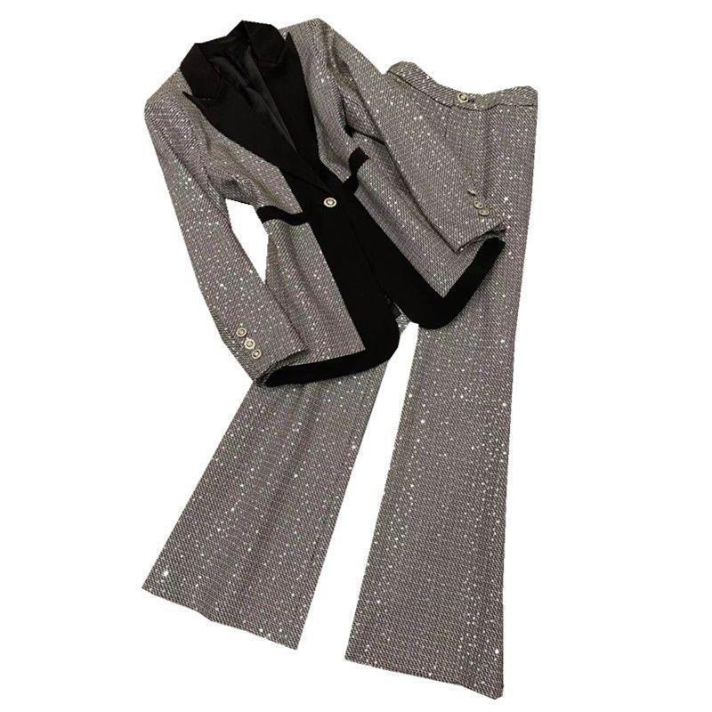 Plus Size Women's Plaid Colorblock Polyester Pants Suit with Buttons