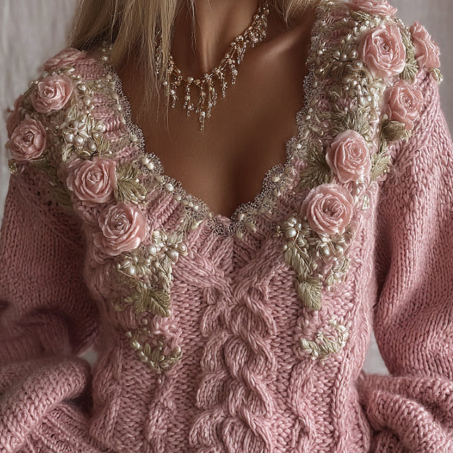 Womens Loose V-Neck Polyester 3D Effect Sweater