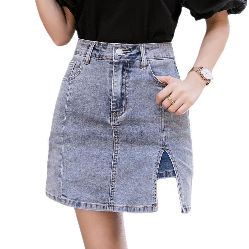 High Waist Slit Anti-exposure Denim Skirt A- Line Sheath Skirt