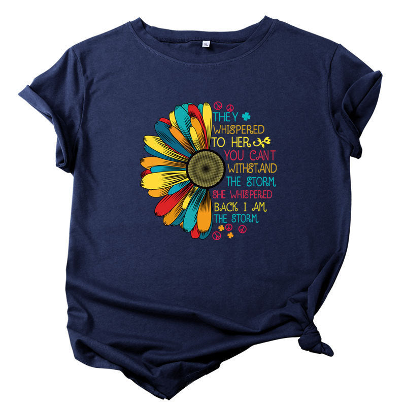 Europe and America Sunflower Print Short Sleeve T-shirt