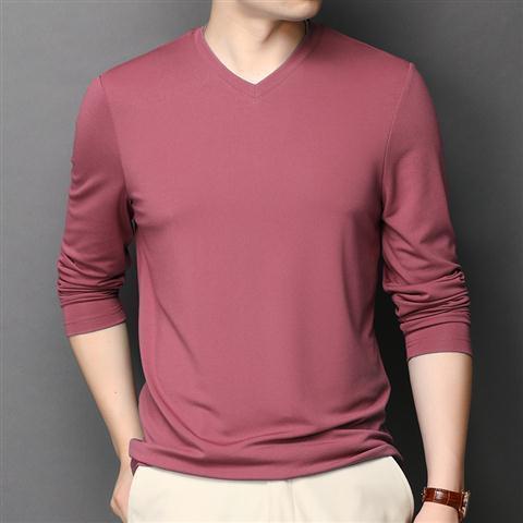 Silk T-shirt Men's Ice Silk Long-sleeved Thin V-neck Silk Bottoming Shirt