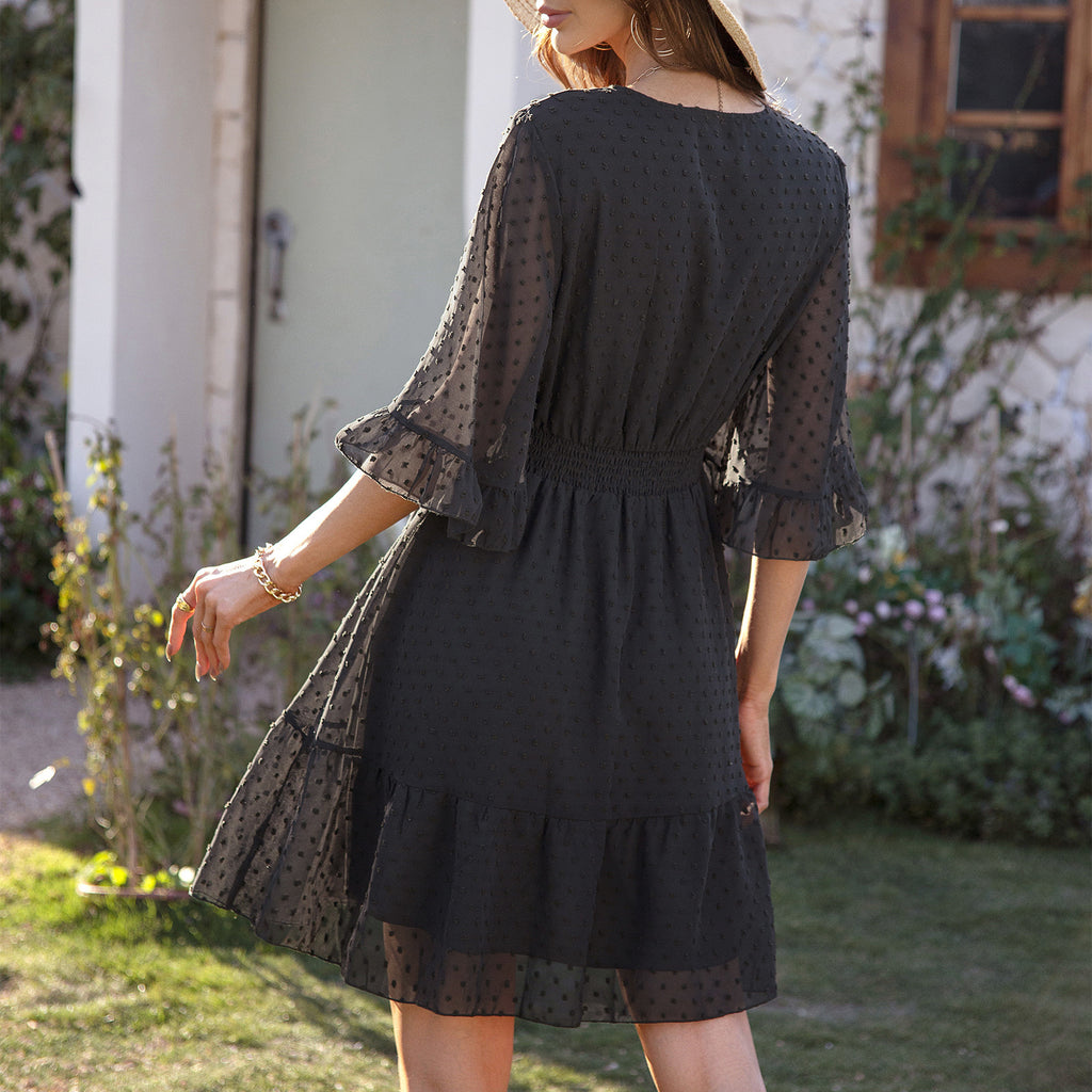 Summer V-Neck Polka Dot Chiffon Dress for Women in Solid Colors