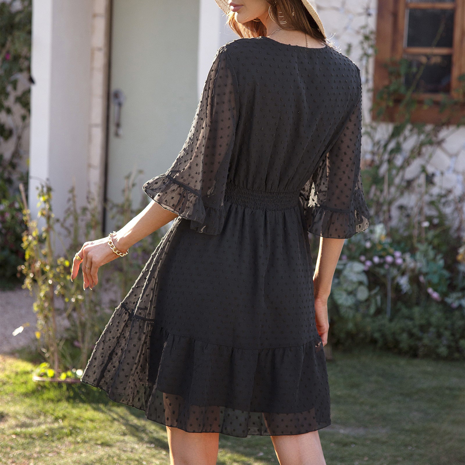 Summer V-Neck Polka Dot Chiffon Dress for Women in Solid Colors