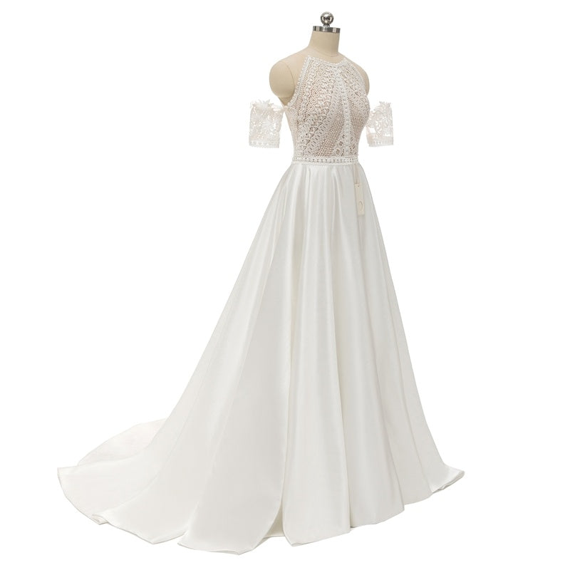 Robe de mariée vintage en satin et dentelle, style rétro Mori, jupe trapèze