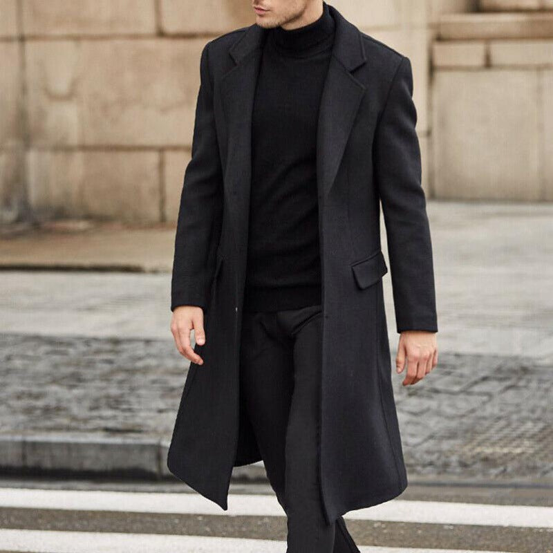Manteau long trench homme en laine de couleur unie