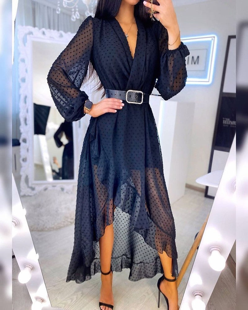 Elegant Polka Dot V-Neck Dress with Waist Detail