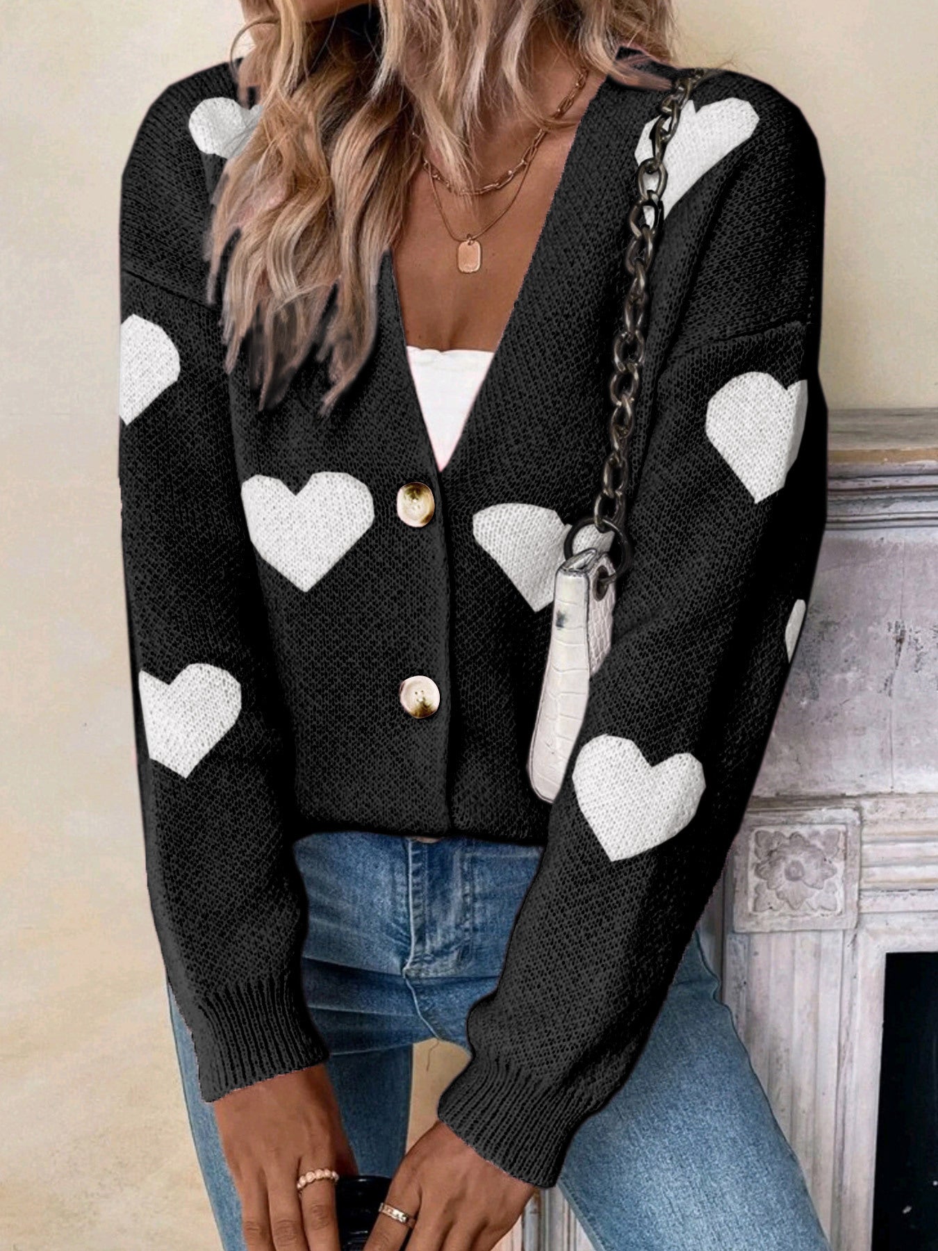Women's Long-Sleeve Love Pattern Cardigan Sweater for Valentine's Day