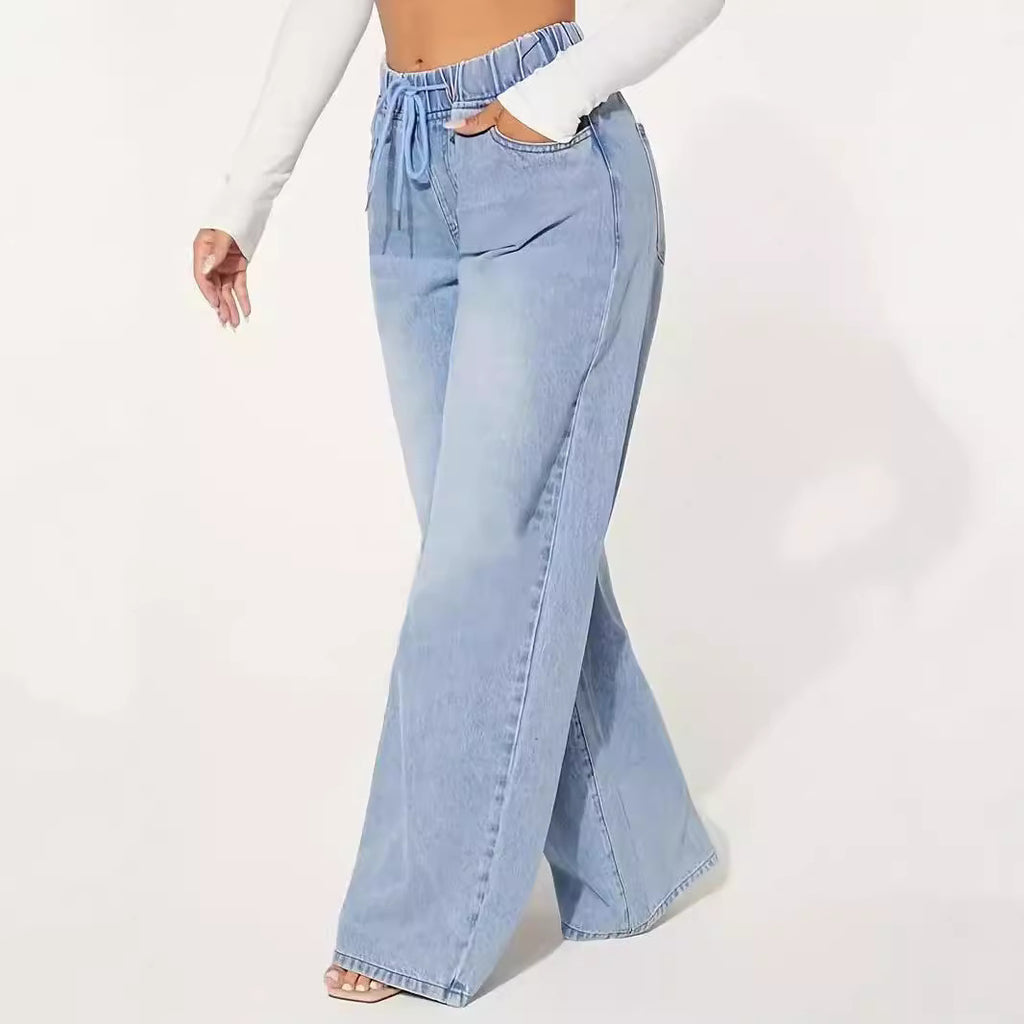 High Waist Light Blue Wide Leg Drawstring Jeans