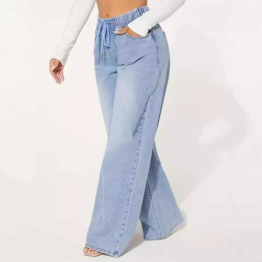 High Waist Light Blue Wide Leg Drawstring Jeans