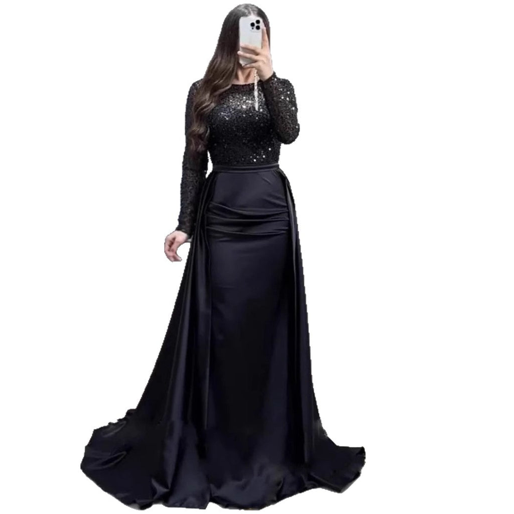 Dazzling Sequin Queen Maxi Evening Gown with Long Sleeves