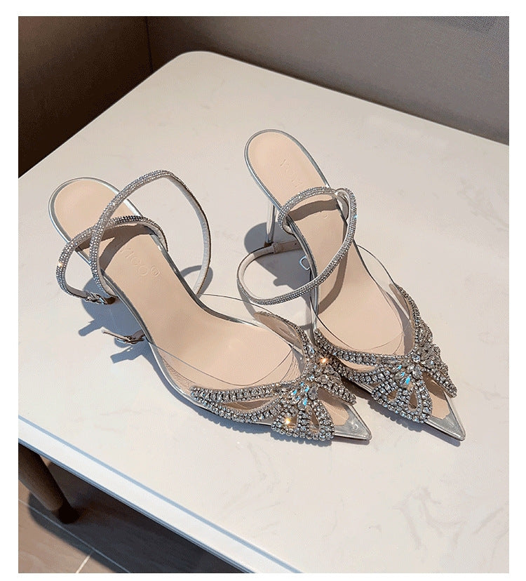 Sandales à talons aiguilles papillon en strass argentées pour femme pour robe de soirée