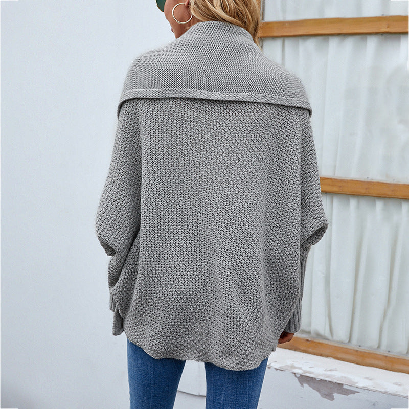 Loose Knit Solid Color Bat Sleeve Large Lapel Cardigan Sweater for Women Autumn Winter Jacket