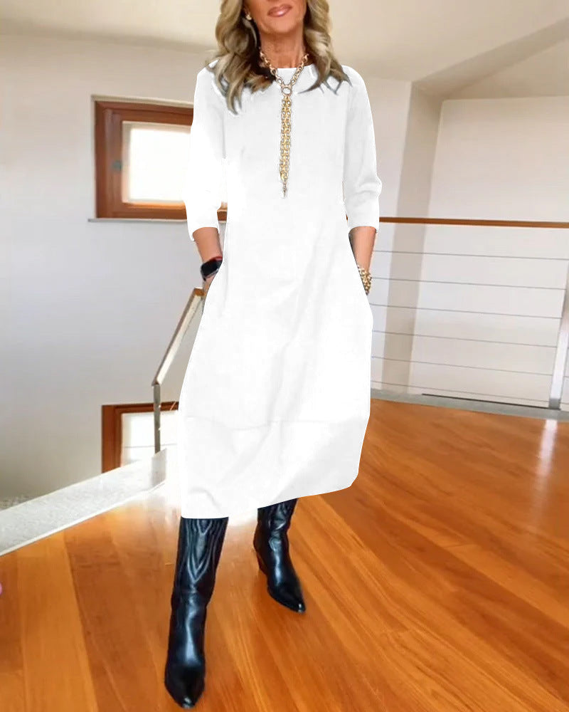 Robe unie ample à col rond et manches longues pour femme – Collection automne-hiver