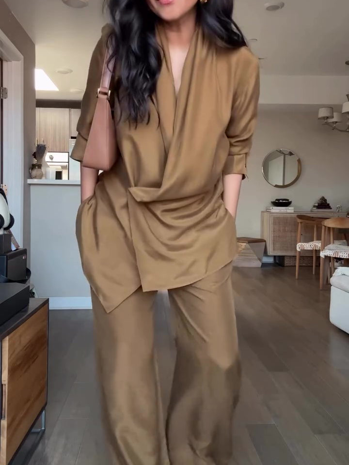 Wrap-Style Satin Blouse & Wide-Leg Pants Set