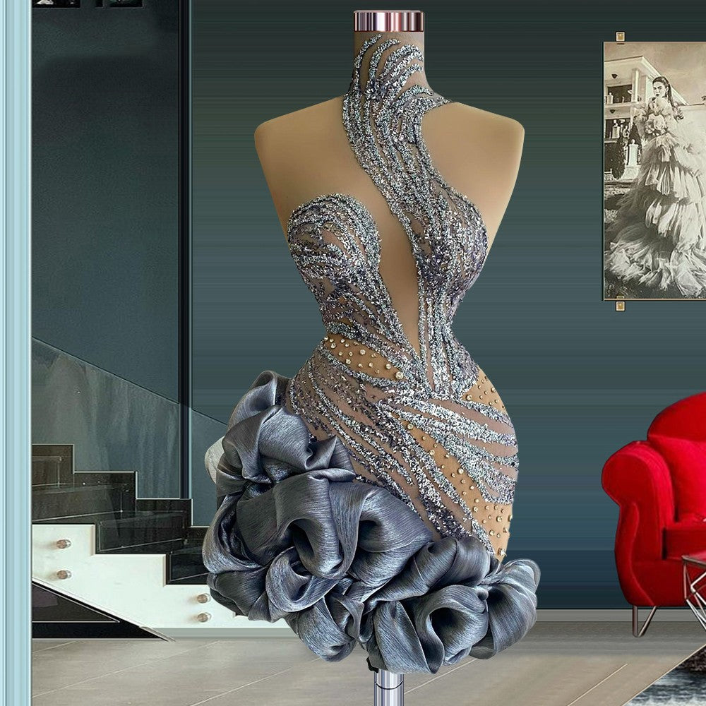 Robe Courte Sans Manches pour Fête d'Examen d'Arts de la Scène avec Fermeture Éclair et Taille Mi-Haute