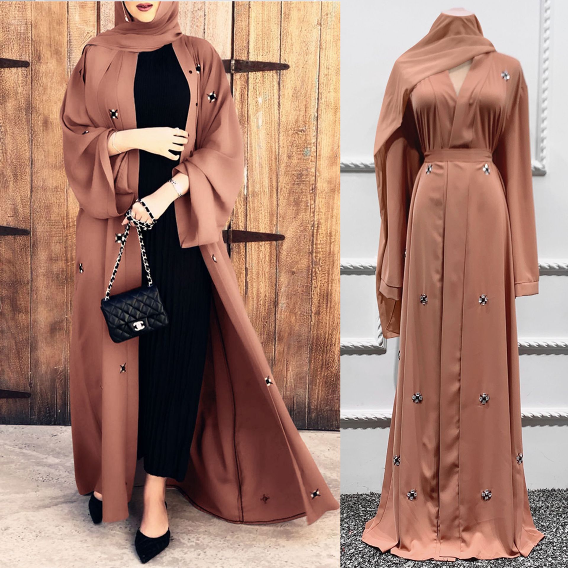 Robe-cardigan longue islamique perlée