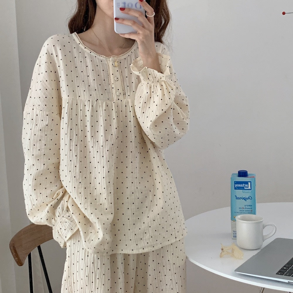 طقم منزلي منقط لطيف بياقة دائرية باللونين البيج والقهوة، مقاسات M-XXL