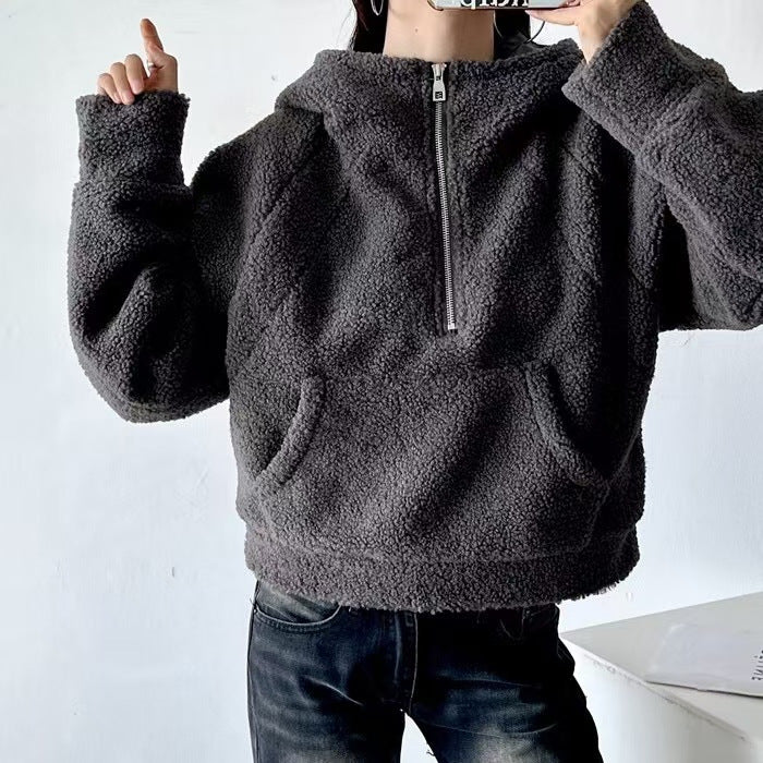 Sweat à capuche demi-zip décontracté pour filles en fausse laine d'agneau