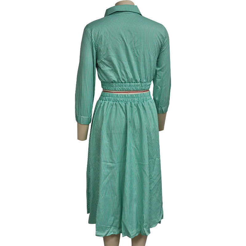 Printed Button Pocket Blouse & Mid-Length Skirt Suit with Stand Collar