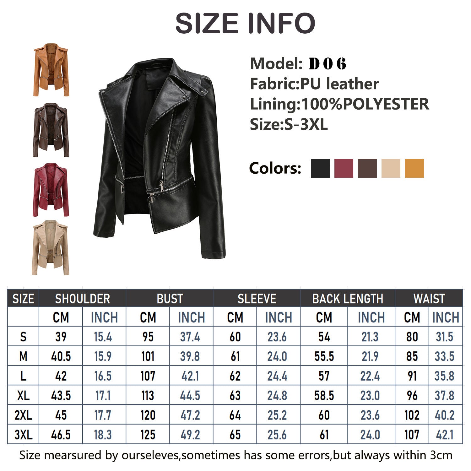 Slim Fit Motorcycle Jacket in Faux Leather, Multiple Colors & Sizes